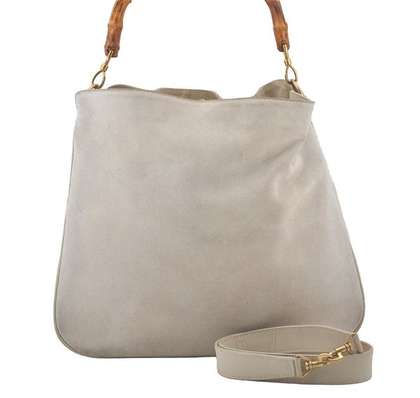 Authentic GUCCI Bamboo 2Way Shoulder Hand Bag Suede Leather White Junk 1052J