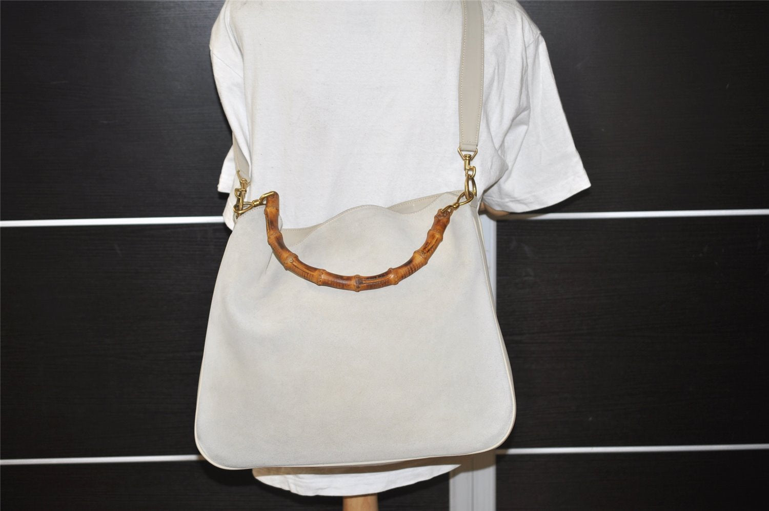 Authentic GUCCI Bamboo 2Way Shoulder Hand Bag Suede Leather White Junk 1052J
