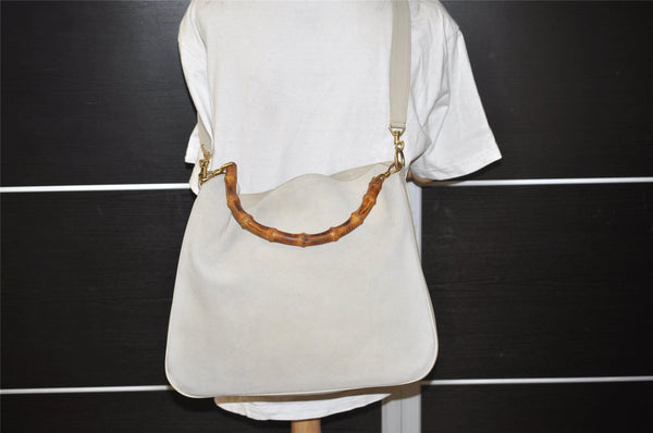 Authentic GUCCI Bamboo 2Way Shoulder Hand Bag Suede Leather White Junk 1052J