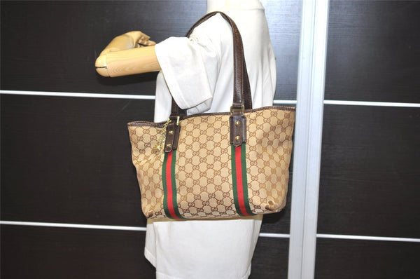 Authentic GUCCI Web Sherry Line Tote Bag GG Canvas Leather 137396 Brown 1054I
