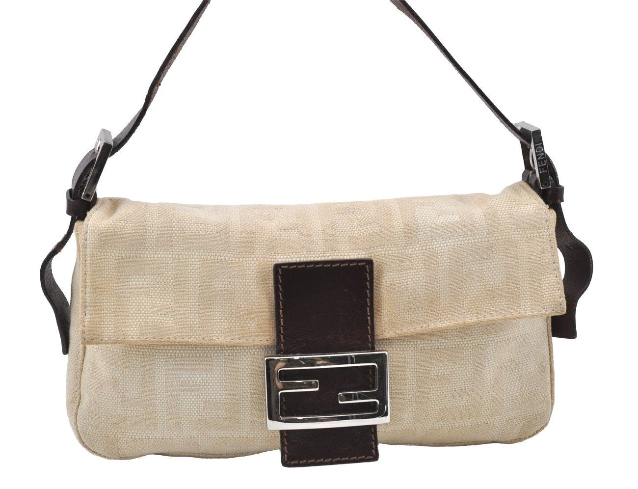 Authentic FENDI Zucca Mamma Baguette Shoulder Bag Canvas Leather White 1055J