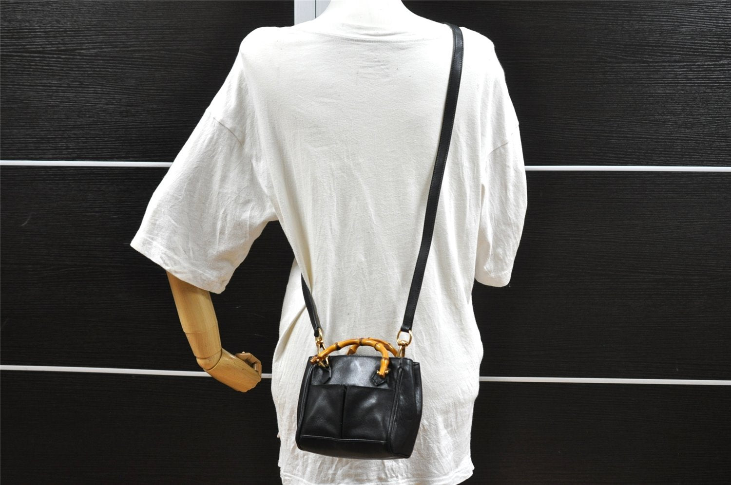 Authentic GUCCI Bamboo 2Way Hand Shoulder Cross Body Bag Leather Black 1062I