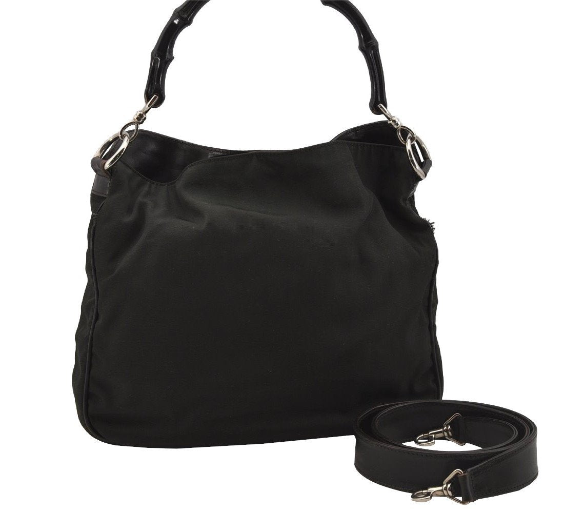 Authentic GUCCI Bamboo 2Way Shoulder Hand Bag Nylon Leather 0018638 Green 1067J