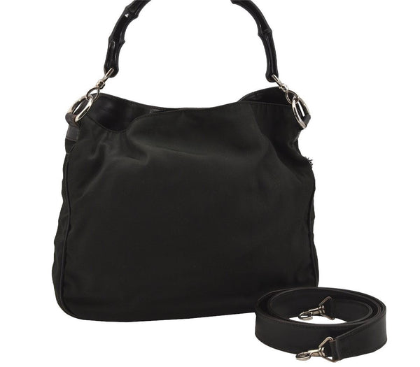 Authentic GUCCI Bamboo 2Way Shoulder Hand Bag Nylon Leather 0018638 Green 1067J