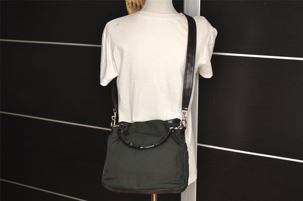 Authentic GUCCI Bamboo 2Way Shoulder Hand Bag Nylon Leather 0018638 Green 1067J