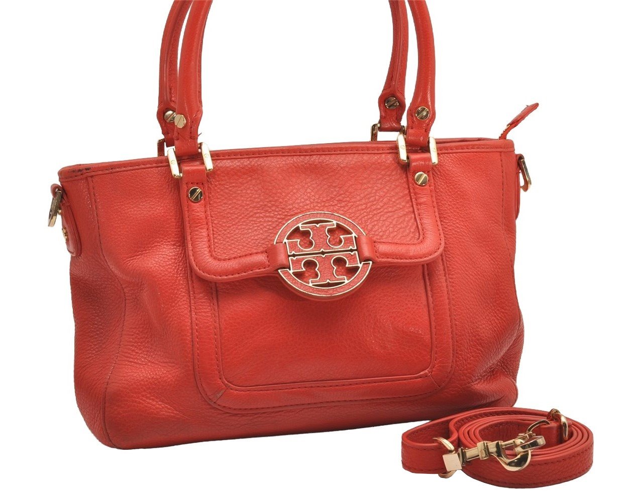 Authentic TORY BURCH Amanda Leather 2Way Shoulder Hand Bag Purse Orange 1072J