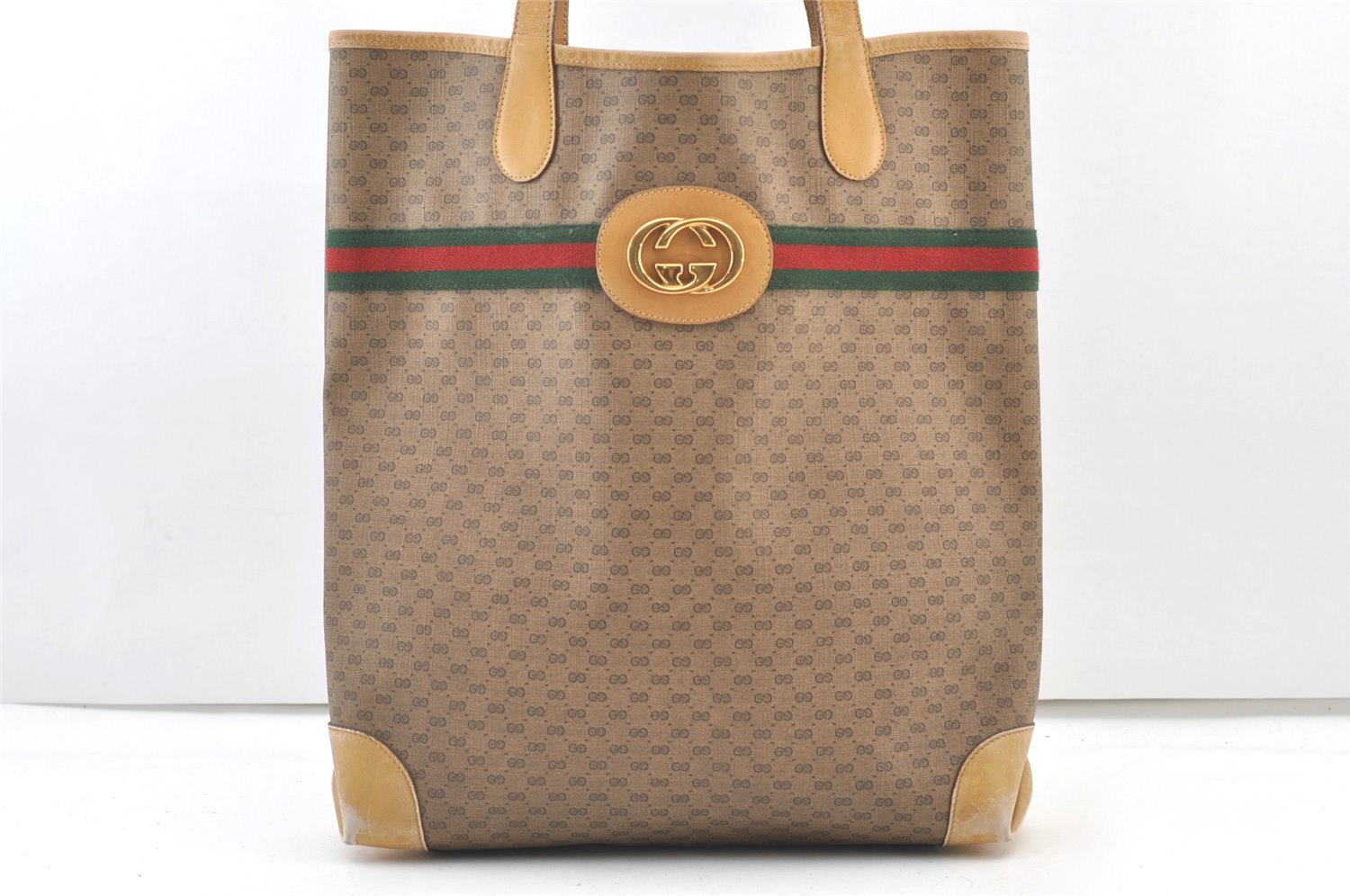 Authentic GUCCI Web Sherry Line Micro GG PVC Leather Tote Bag Brown 1072K