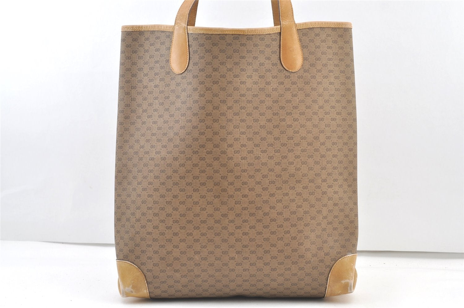 Authentic GUCCI Web Sherry Line Micro GG PVC Leather Tote Bag Brown 1072K