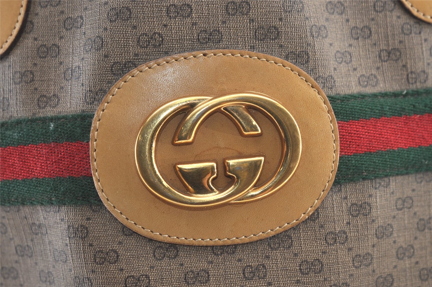 Authentic GUCCI Web Sherry Line Micro GG PVC Leather Tote Bag Brown 1072K