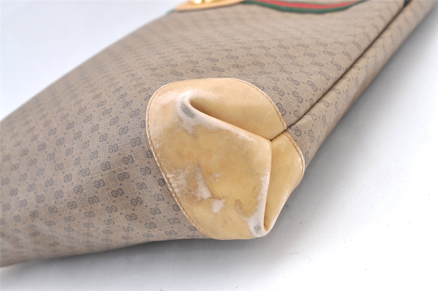 Authentic GUCCI Web Sherry Line Micro GG PVC Leather Tote Bag Brown 1072K