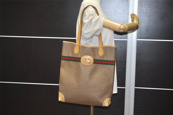 Authentic GUCCI Web Sherry Line Micro GG PVC Leather Tote Bag Brown 1072K