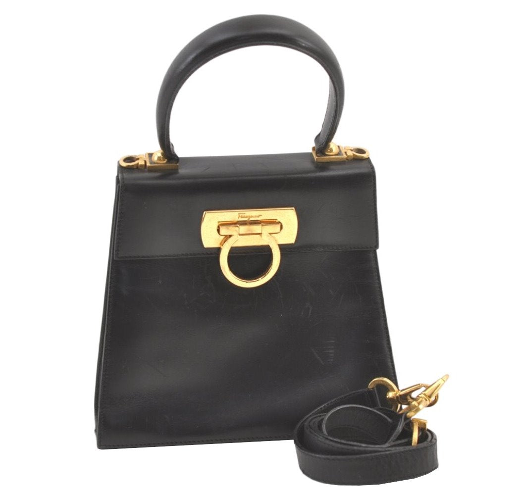 Authentic Salvatore Ferragamo Gancini Leather 2Way Shoulder Hand Bag Black 1076K
