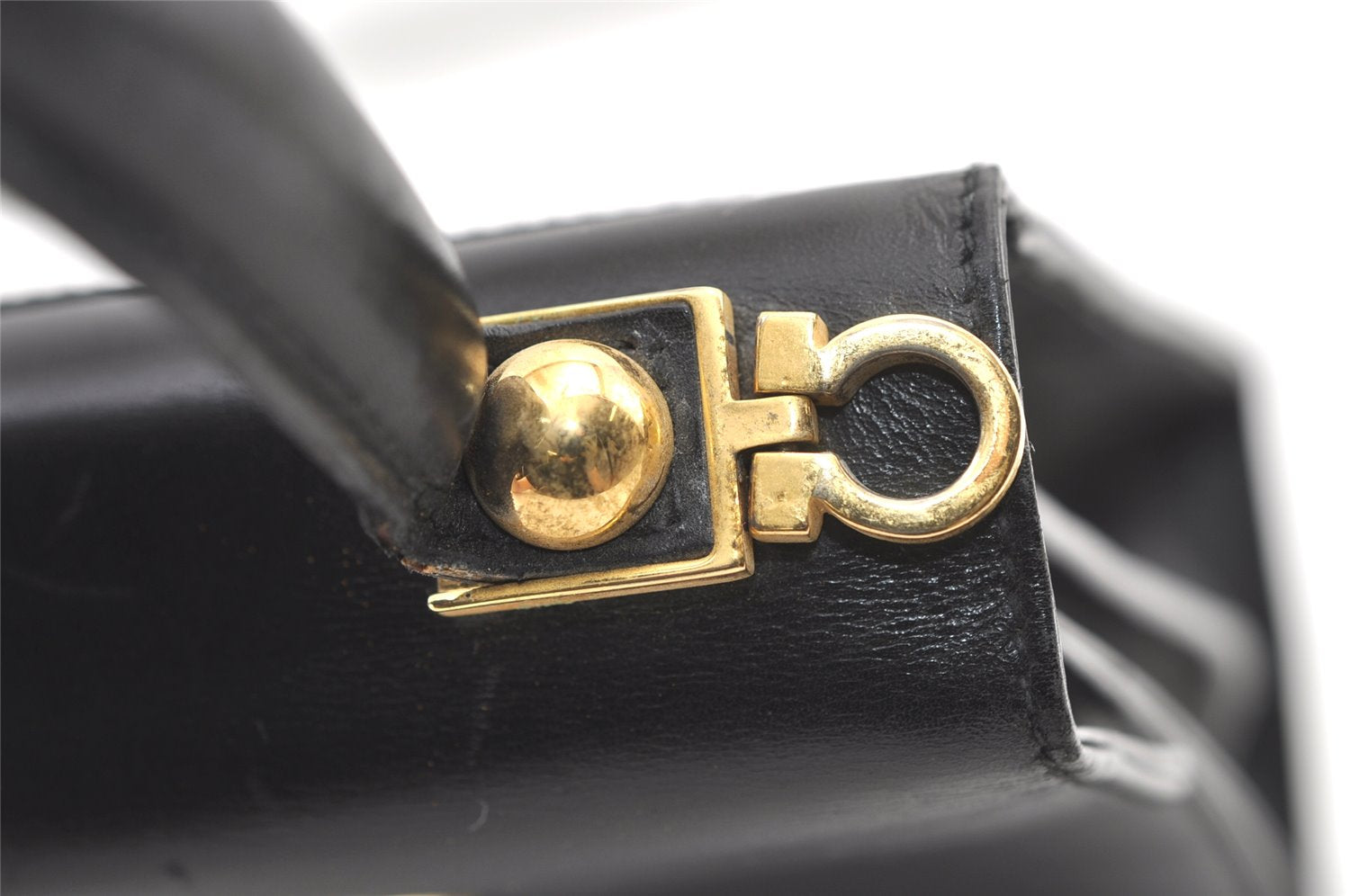 Authentic Salvatore Ferragamo Gancini Leather 2Way Shoulder Hand Bag Black 1076K
