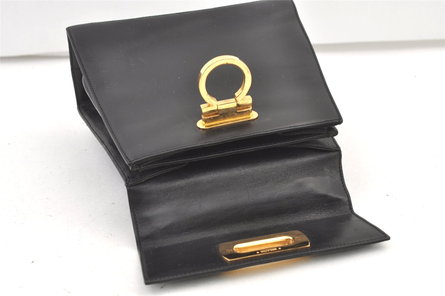 Authentic Salvatore Ferragamo Gancini Leather 2Way Shoulder Hand Bag Black 1076K