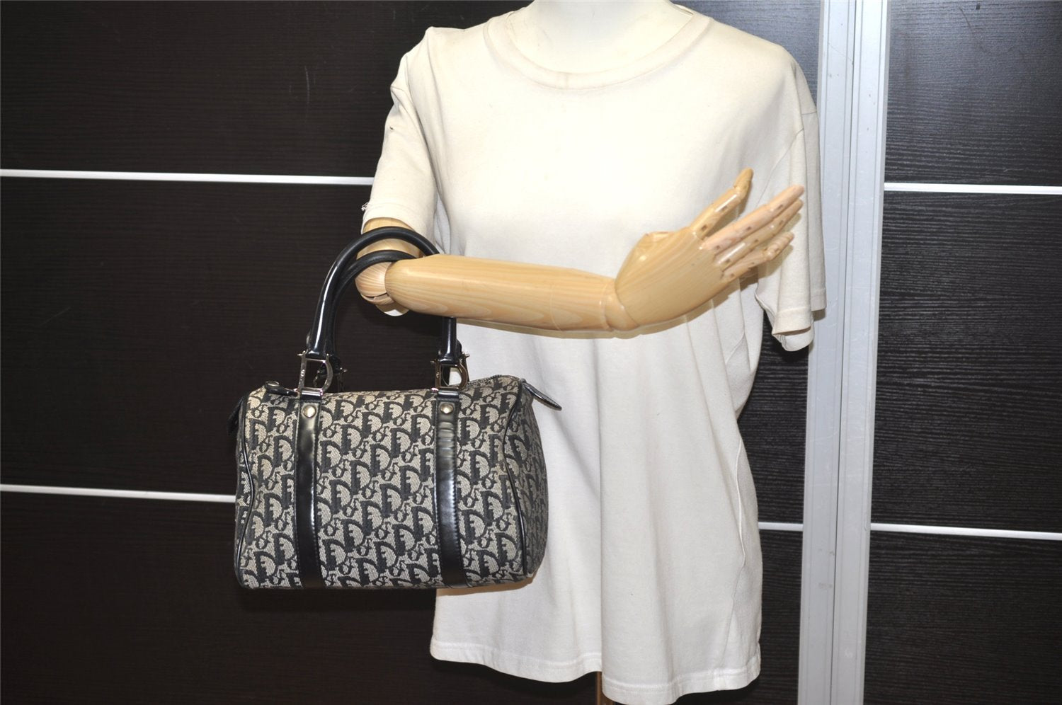 Authentic Christian Dior Trotter Hand Boston Bag Purse Canvas Black 1077J