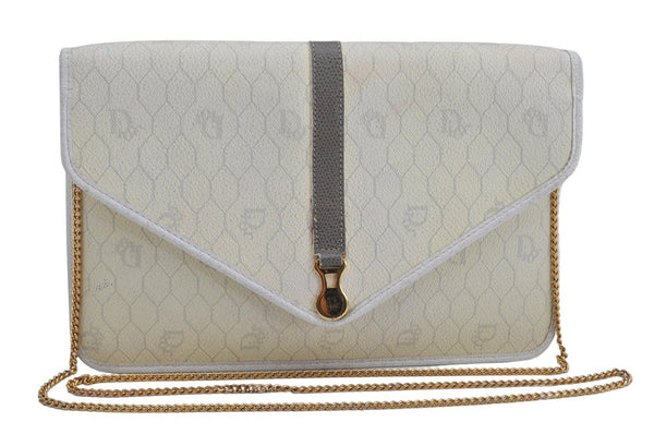 Authentic Christian Dior Honeycomb Chain Shoulder Bag PVC Leather White 1079K
