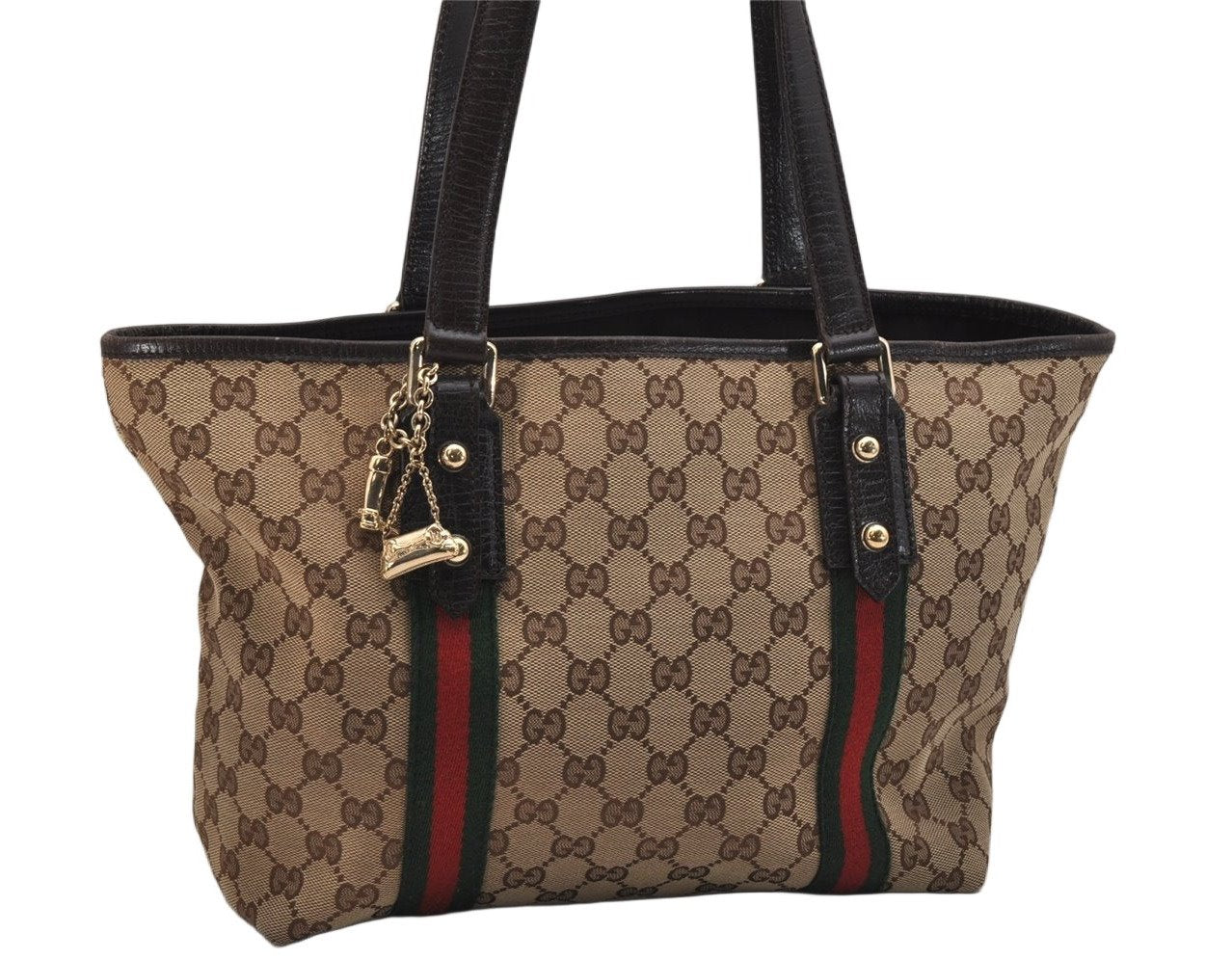 Authentic GUCCI Web Sherry Line Tote Bag GG Canvas Leather 137396 Brown 1081K