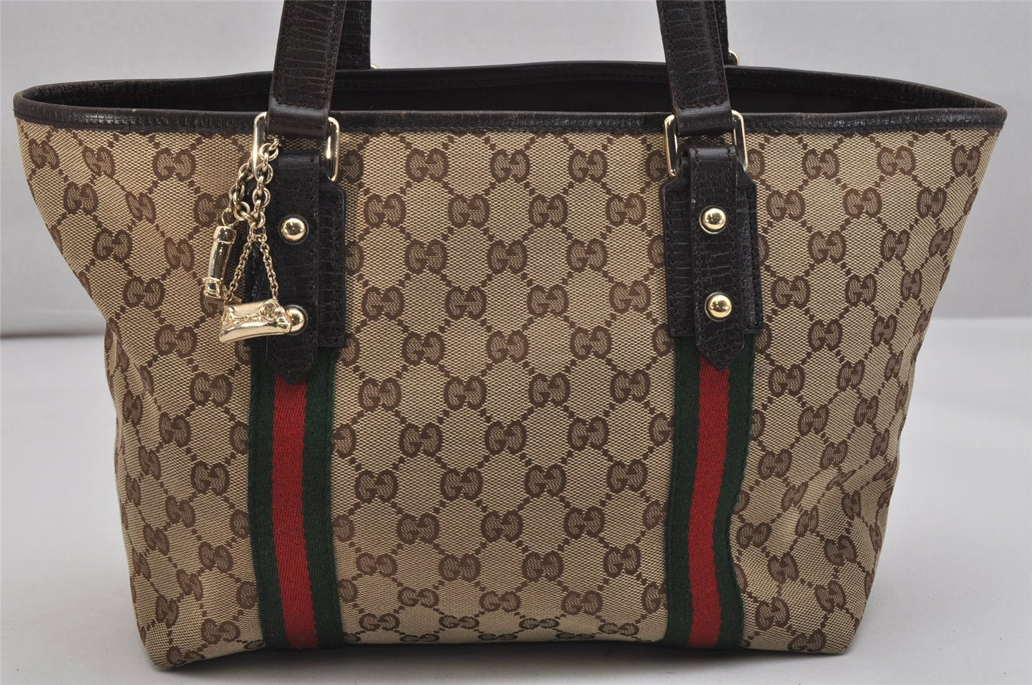 Authentic GUCCI Web Sherry Line Tote Bag GG Canvas Leather 137396 Brown 1081K