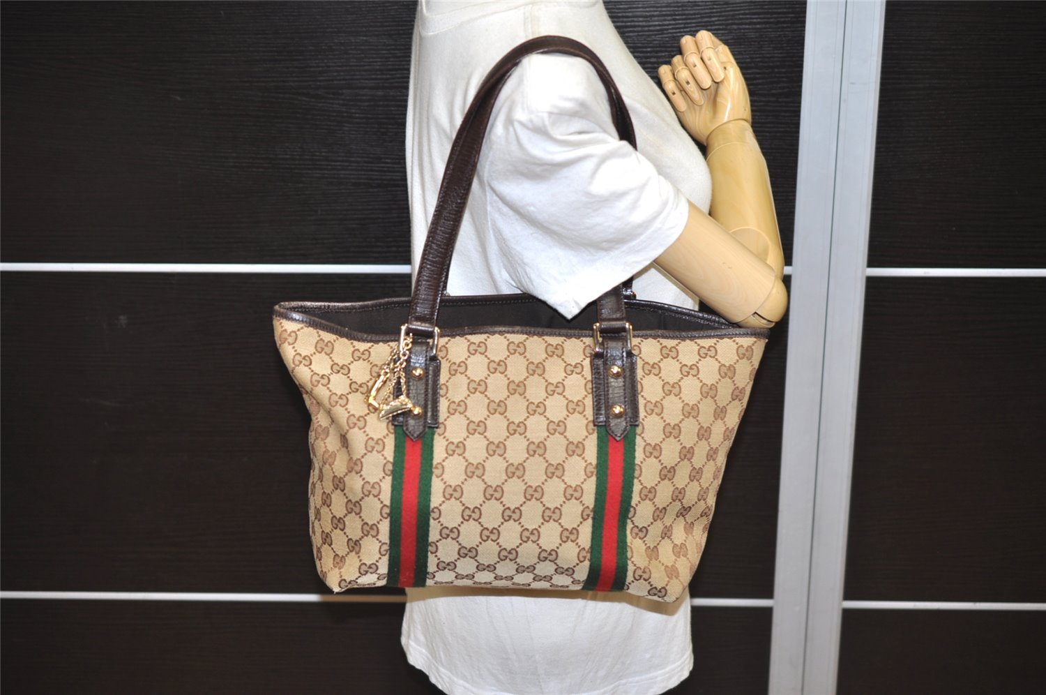 Authentic GUCCI Web Sherry Line Tote Bag GG Canvas Leather 137396 Brown 1081K