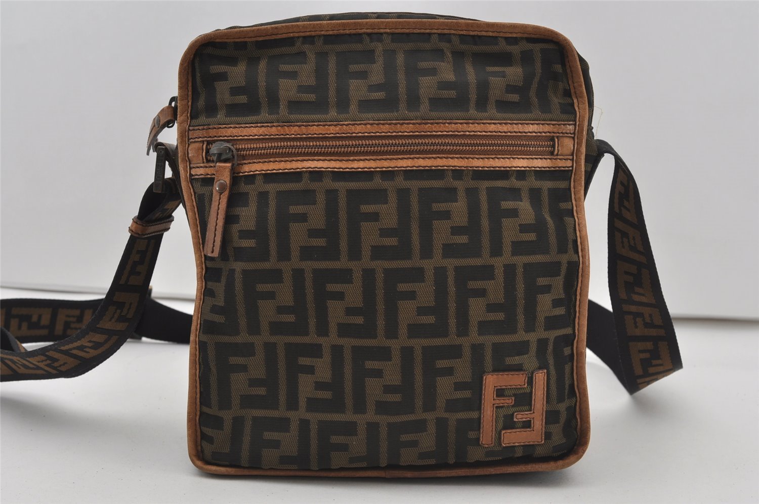 Authentic FENDI Zucca Shoulder Cross Bag Purse Nylon Leather Brown 1082J