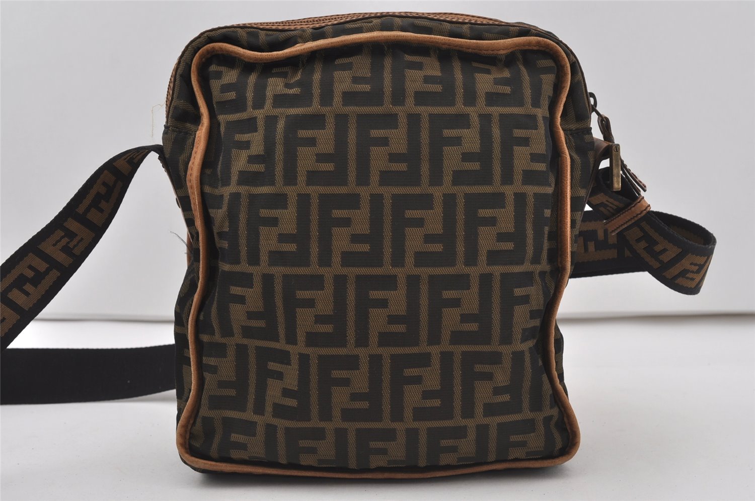 Authentic FENDI Zucca Shoulder Cross Bag Purse Nylon Leather Brown 1082J