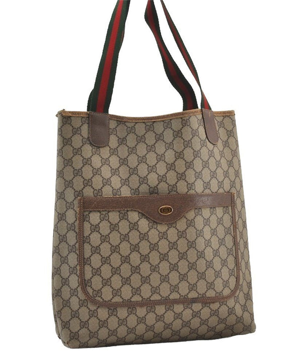 Authentic GUCCI Web Sherry Line Shoulder Tote Bag GG PVC Leather Brown 1086J