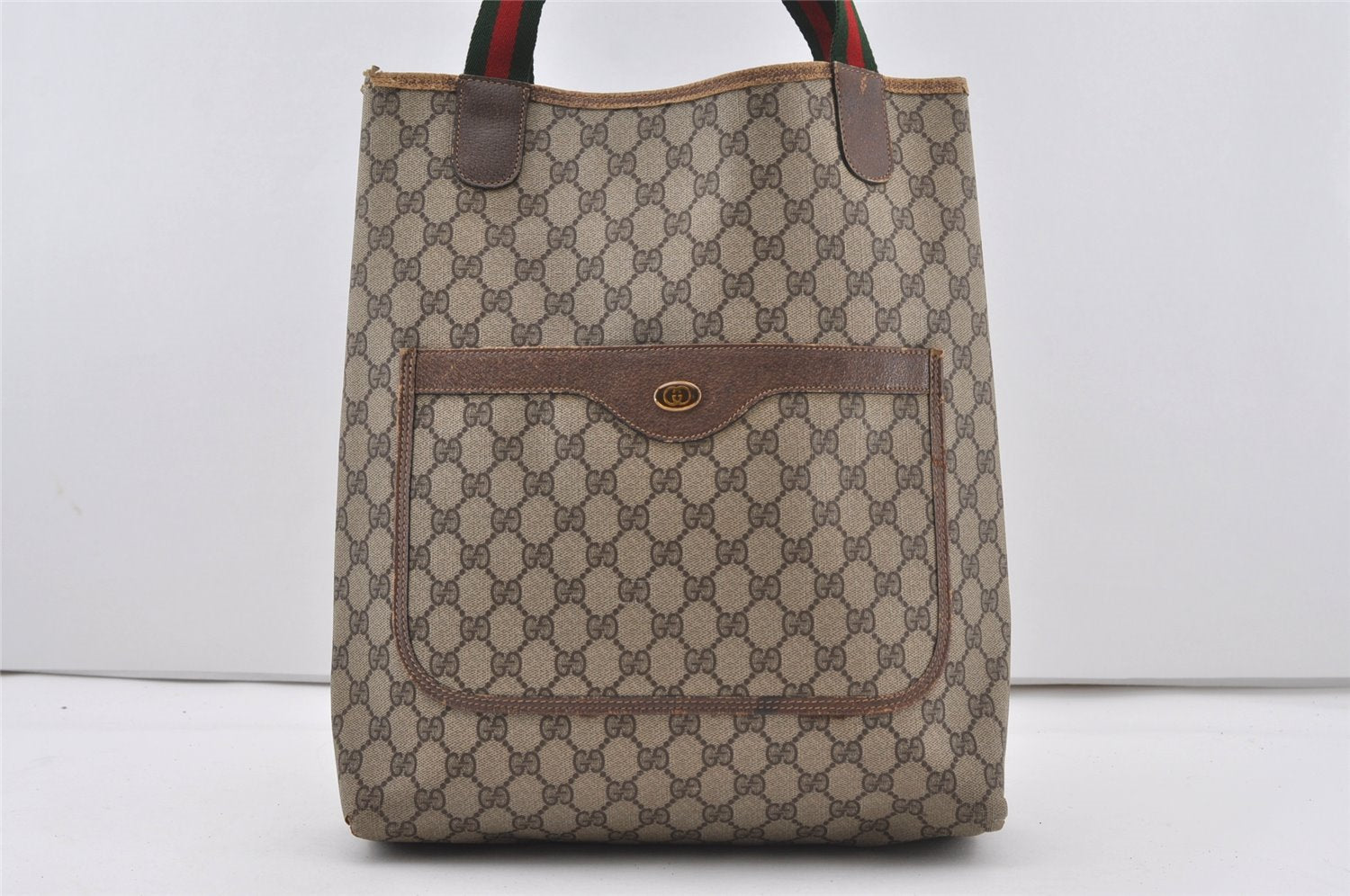 Authentic GUCCI Web Sherry Line Shoulder Tote Bag GG PVC Leather Brown 1086J