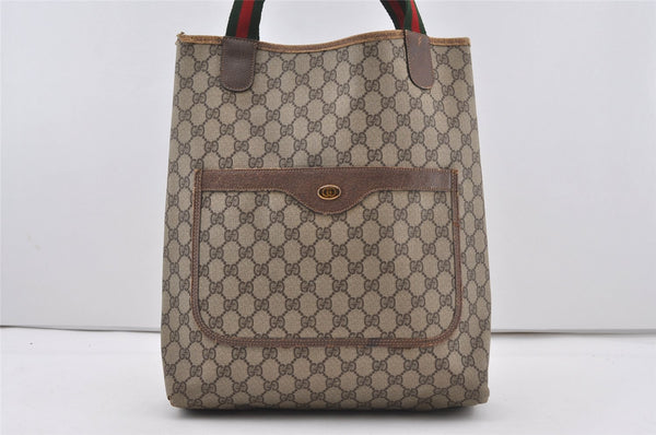 Authentic GUCCI Web Sherry Line Shoulder Tote Bag GG PVC Leather Brown 1086J