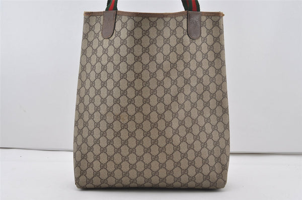Authentic GUCCI Web Sherry Line Shoulder Tote Bag GG PVC Leather Brown 1086J