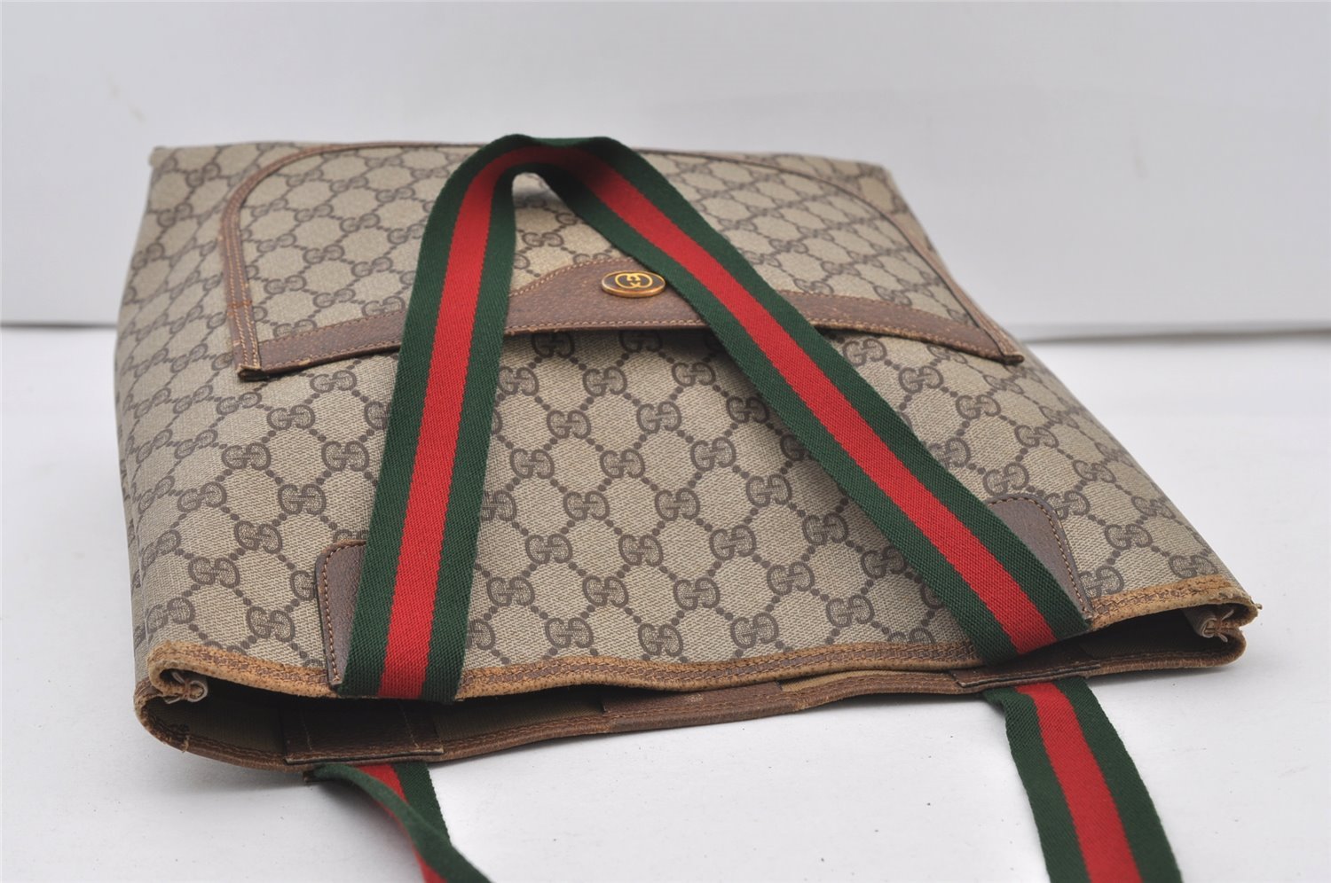 Authentic GUCCI Web Sherry Line Shoulder Tote Bag GG PVC Leather Brown 1086J