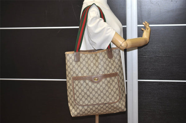 Authentic GUCCI Web Sherry Line Shoulder Tote Bag GG PVC Leather Brown 1086J