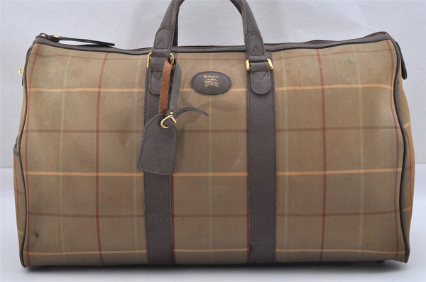 Authentic Burberrys Check Canvas Leather Travel Boston Bag Khaki Green 1087J