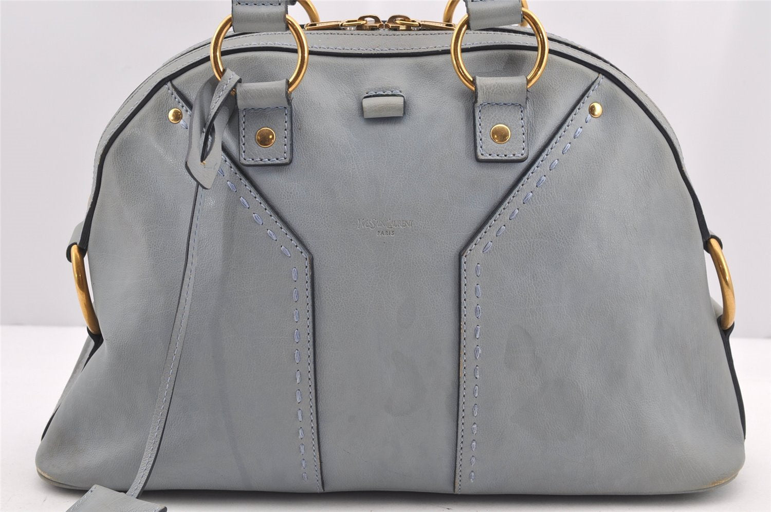 Authentic YVES SAINT LAURENT Muse Tote Hand Bag Leather 156465 Light Blue 1090I