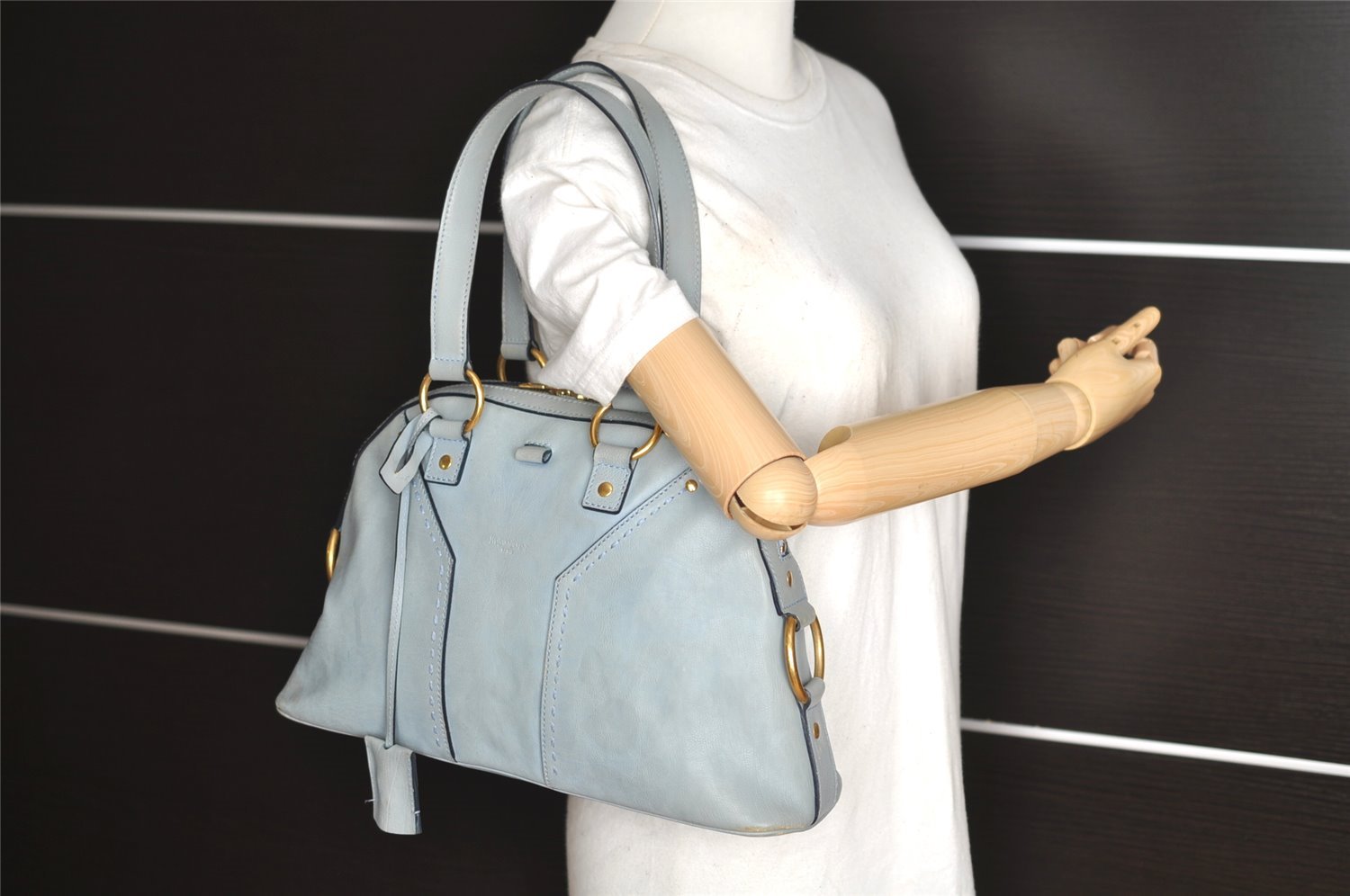 Authentic YVES SAINT LAURENT Muse Tote Hand Bag Leather 156465 Light Blue 1090I