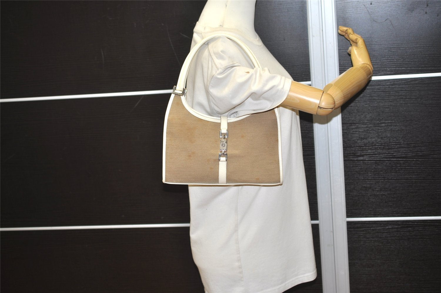 Authentic GUCCI Jackie Shoulder Hand Bag Canvas Leather 0021068 Beige 1091J