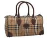 Authentic Burberrys Nova Check PVC Leather Hand Boston Bag Brown Beige 1092K