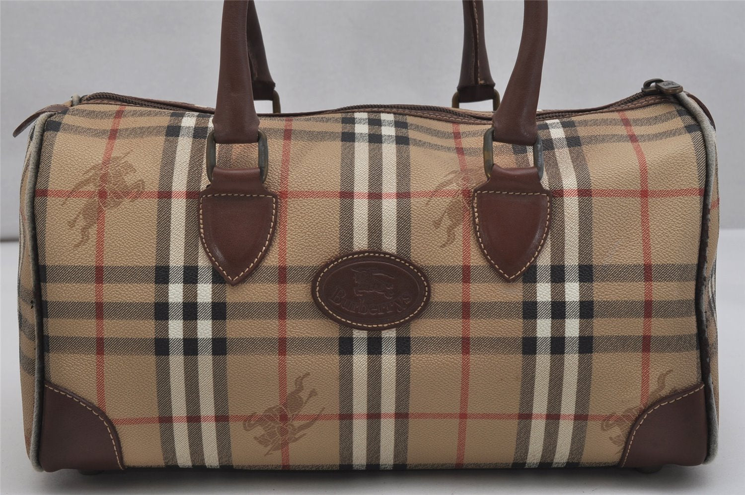 Authentic Burberrys Nova Check PVC Leather Hand Boston Bag Brown Beige 1092K