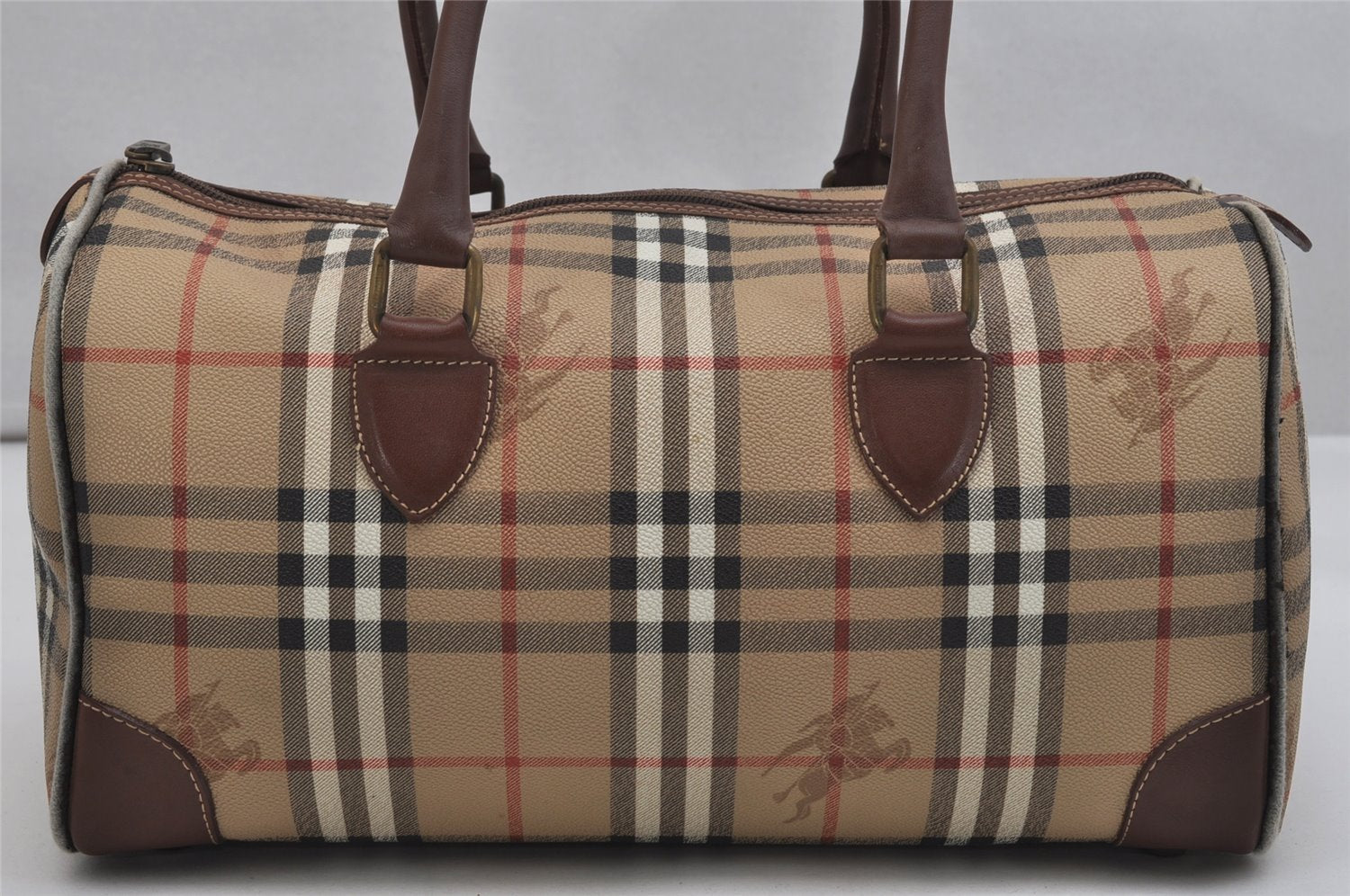 Authentic Burberrys Nova Check PVC Leather Hand Boston Bag Brown Beige 1092K