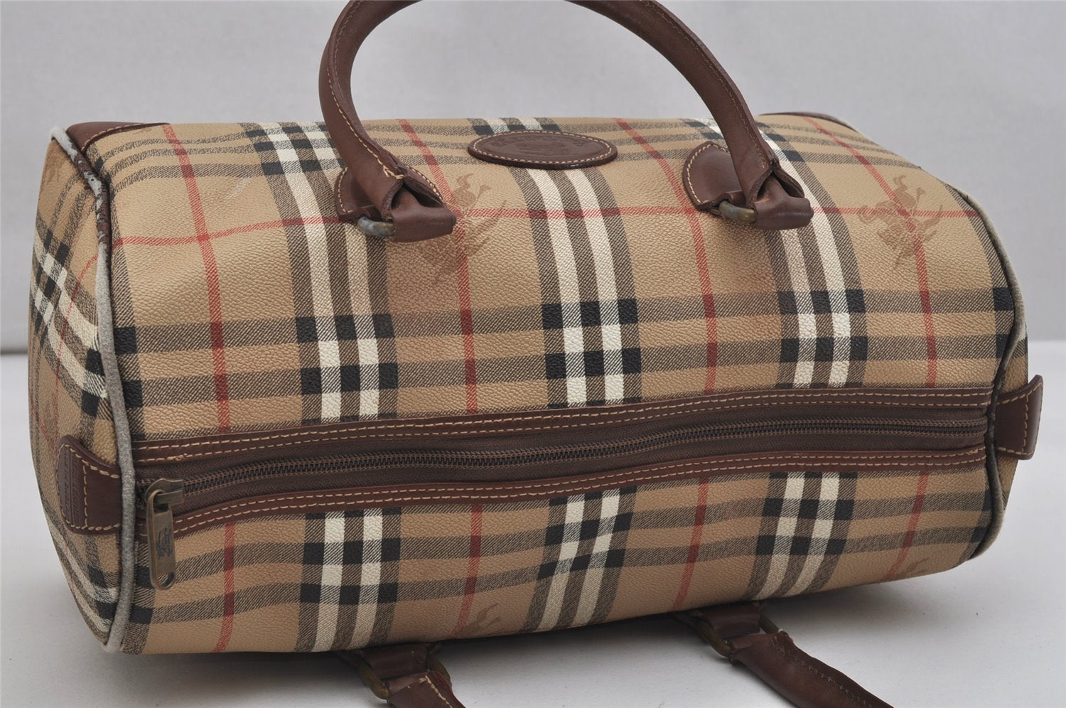 Authentic Burberrys Nova Check PVC Leather Hand Boston Bag Brown Beige 1092K