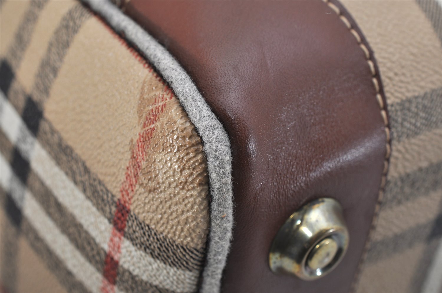 Authentic Burberrys Nova Check PVC Leather Hand Boston Bag Brown Beige 1092K