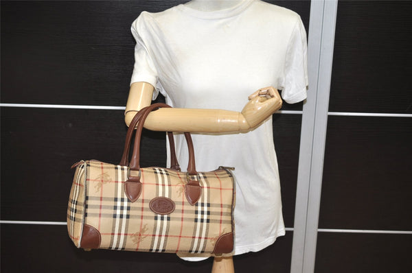 Authentic Burberrys Nova Check PVC Leather Hand Boston Bag Brown Beige 1092K