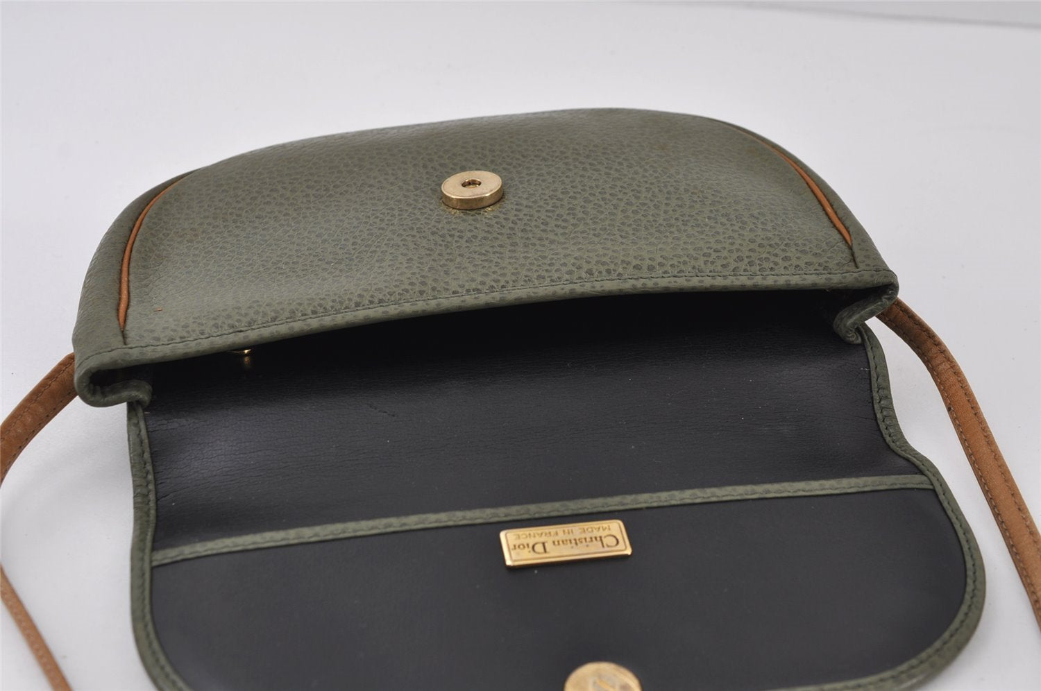 Authentic Christian Dior Shoulder Cross Body Bag Leather Khaki Green CD 1093J