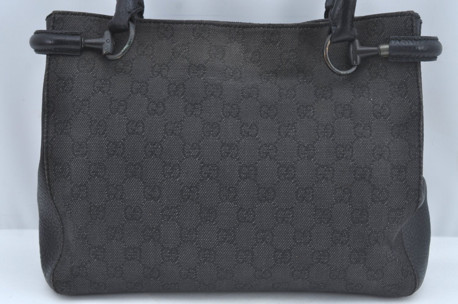 Authentic GUCCI Horsebit Shoulder Tote Bag GG Canvas Leather 101971 Black 1094J