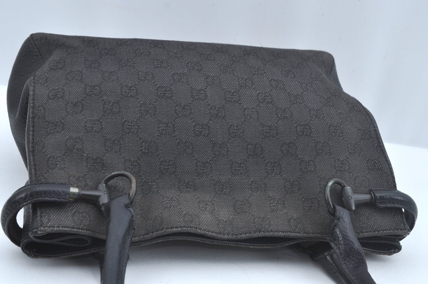 Authentic GUCCI Horsebit Shoulder Tote Bag GG Canvas Leather 101971 Black 1094J