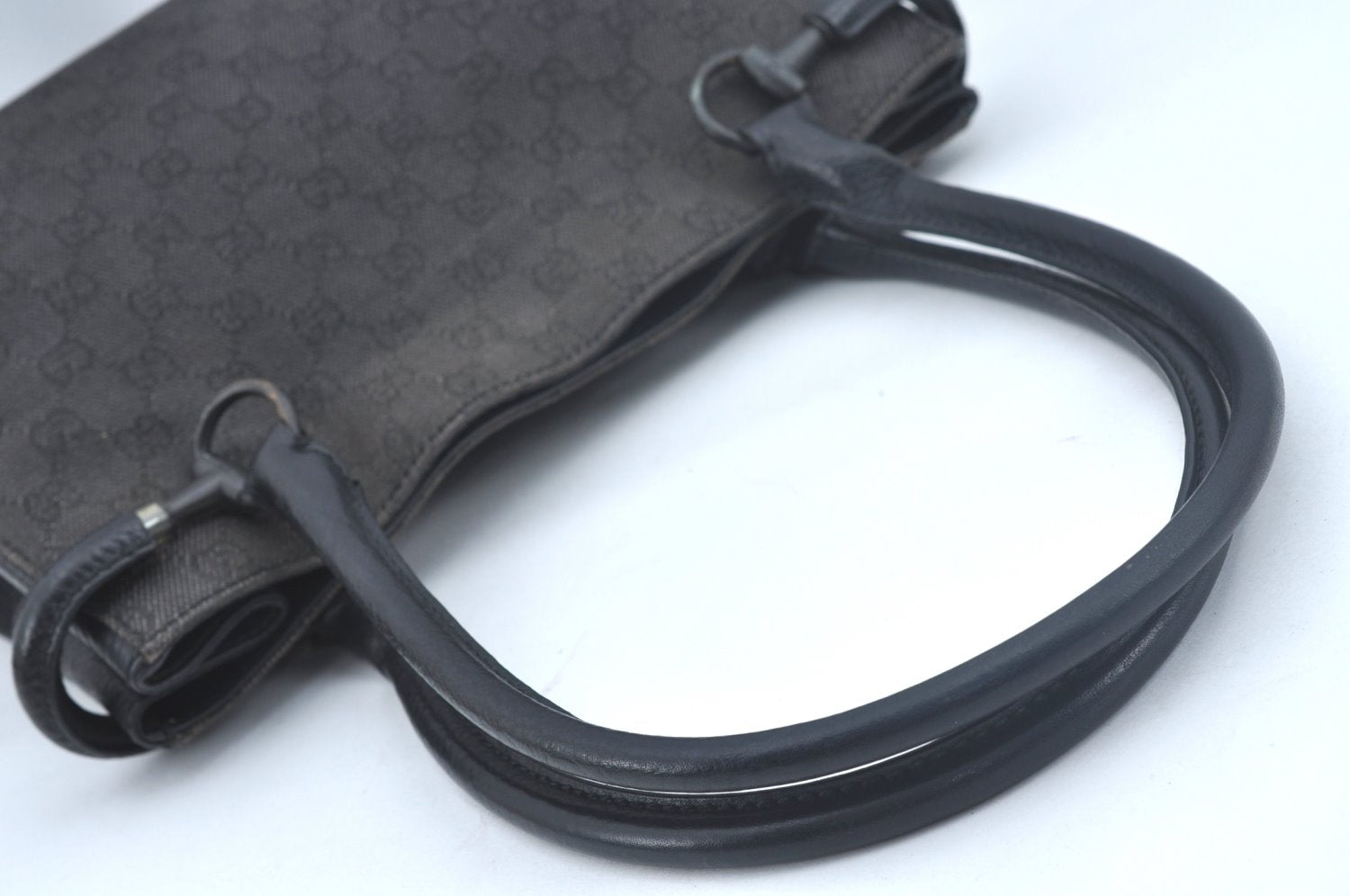 Authentic GUCCI Horsebit Shoulder Tote Bag GG Canvas Leather 101971 Black 1094J