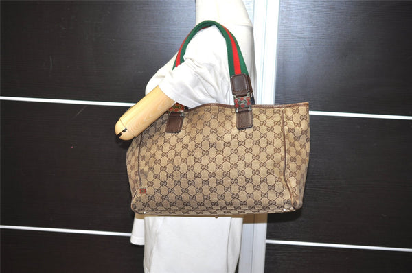 Auth GUCCI Web Sherry Line Tote Bag GG Canvas Leather 145758 Brown Junk 1097I