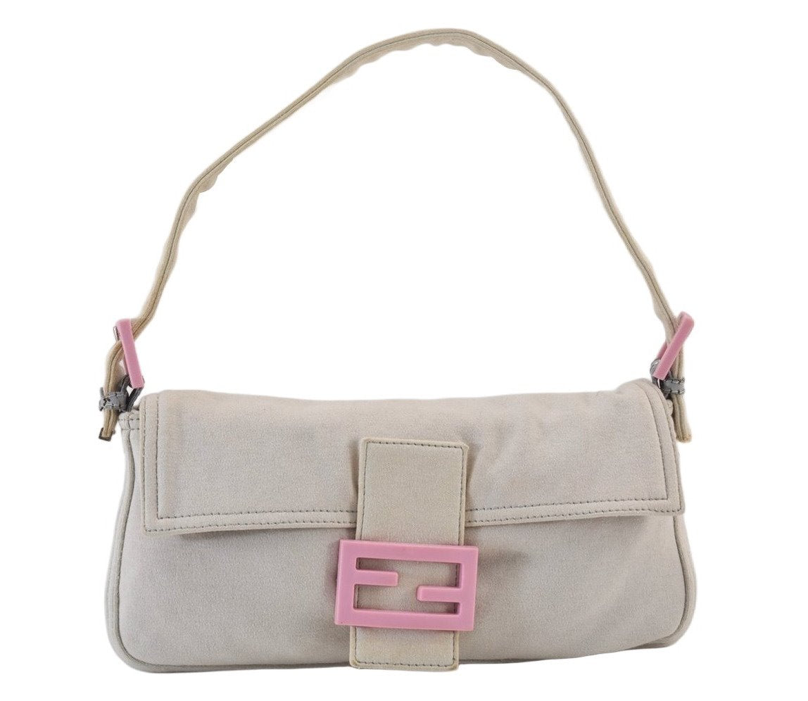 Authentic FENDI Mamma Baguette Shoulder Hand Bag Jersey Leather Light Gray 1099K