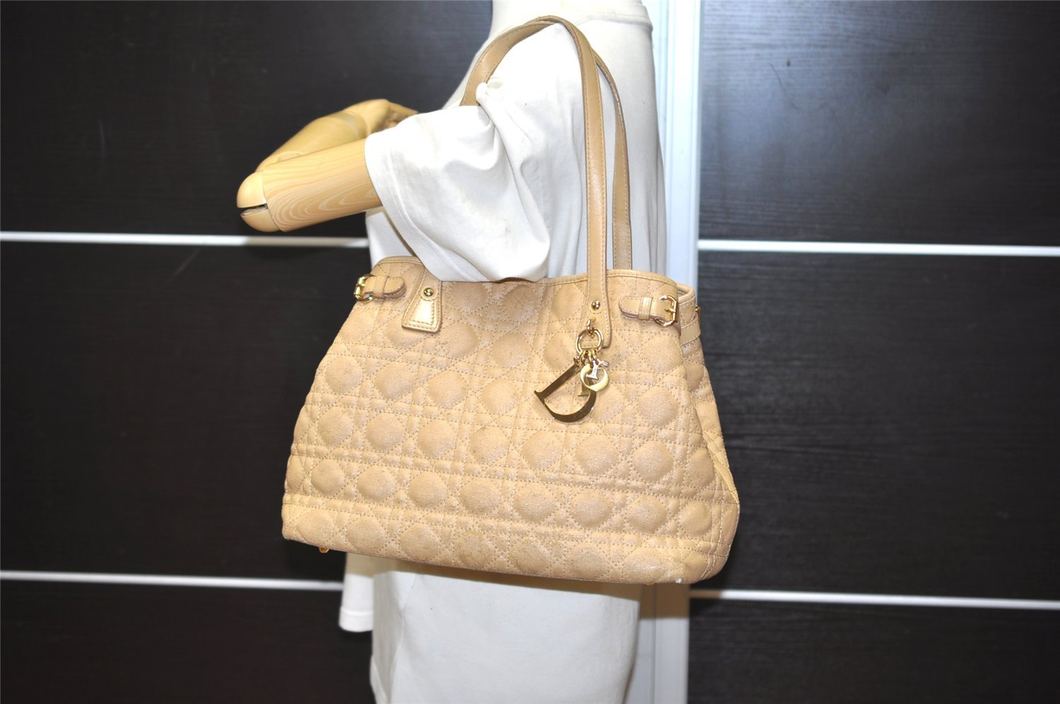 Authentic Christian Dior Panarea Cannage Tote Bag PVC Leather Beige 1103I