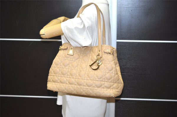 Authentic Christian Dior Panarea Cannage Tote Bag PVC Leather Beige 1103I