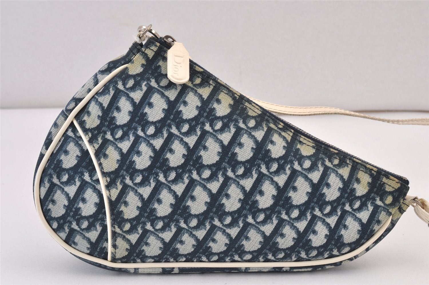 Authentic Christian Dior Trotter Saddle Shoulder Hand Bag PVC Enamel Blue 1104K